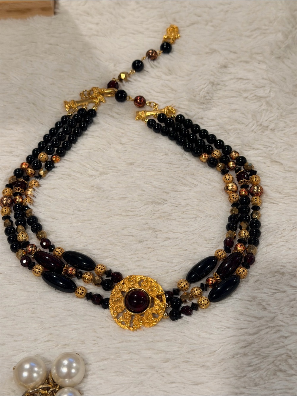 Elegant Vintage Ruby Red, black & Gold Beaded Statement Necklace